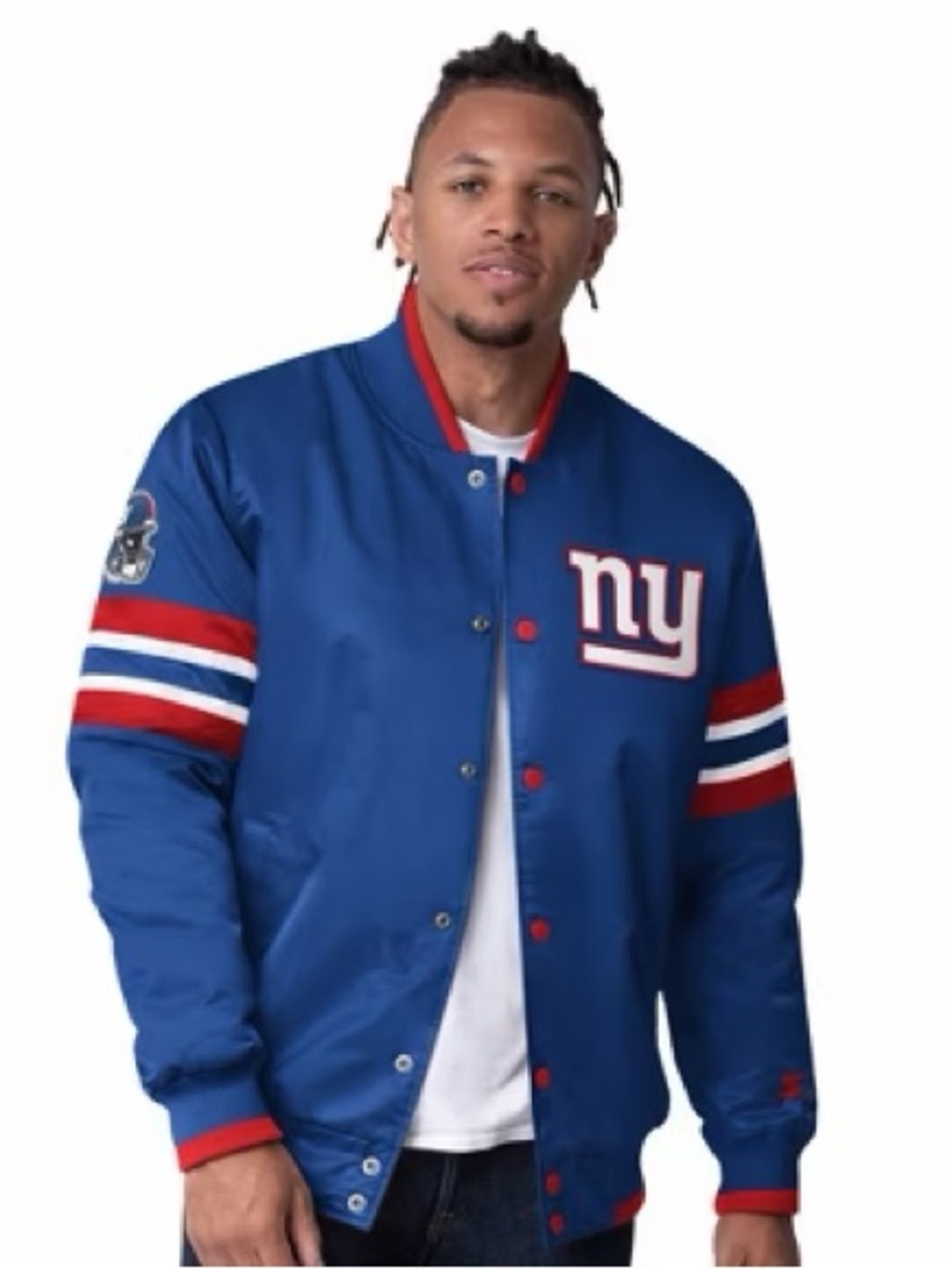 STARTER Blue Satin Varsity Jacket with Red & White Accents